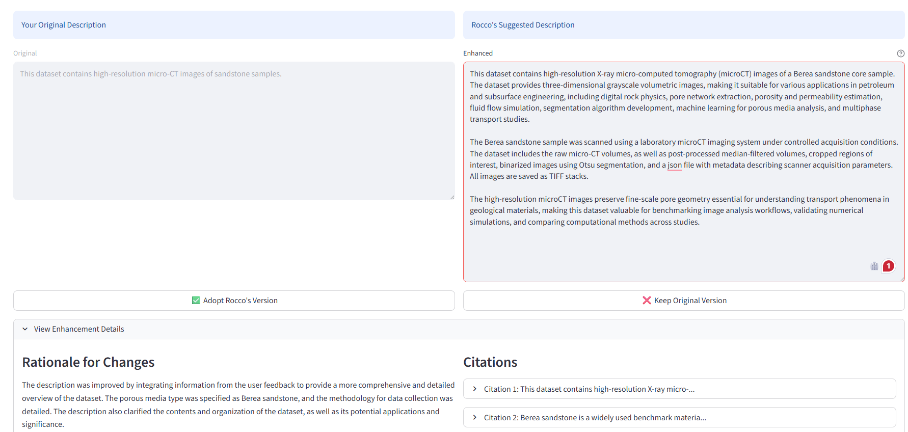 Rocco enhancement result with citations